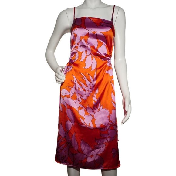 Christian Lacroix Womens Size Small Satin Midi Dress Side Cutout Orange Floral - Picture 1 of 8